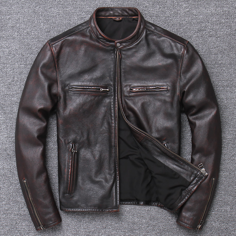 Real Leather Locomotive Jacket Man's Head Layer Cow Leather Genuine Leather Acme Lip Retro Collar Leather Jacket Pick Up Missing Autumn Jacket