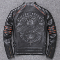 Leather leather clothing mens slim short motorcycle embroidery skull Harley head layer thick cowhide jacket motorcycle riding suit