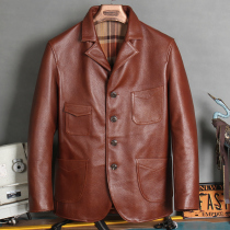 Real leather fur coat mens medium long style wind clothes leather jacket head layer calf leather fashion handsome leather coat with big coat and body jacket