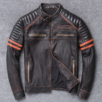2021 New Harley leather locomotive clothing stand collar youth leather jacket head layer cowhide men skeleton slim coat