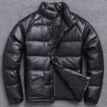 Leather men plus velvet padded leather down jacket stand collar short head layer cowhide warm thick fur jacket in winter
