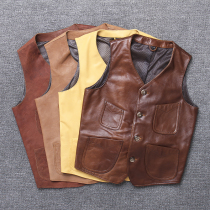 Amei Kazi head layer cow sheepskin leather leather vest men short style Japanese retro locomotive slim simple vest