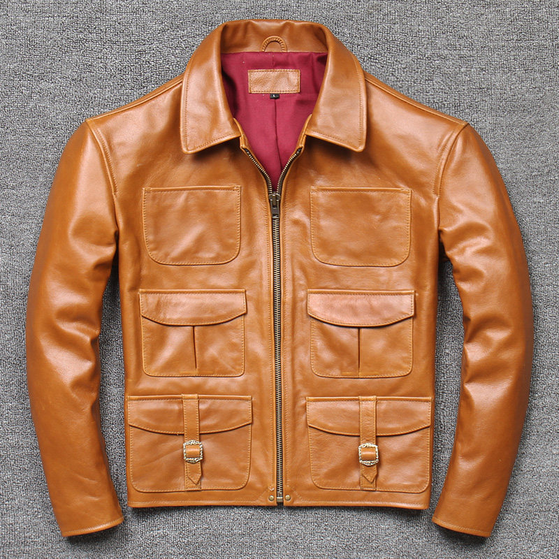 2022 new top layer cowhide leather jacket men's slim leather jacket casual dark brown business men's lapel large size