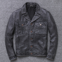Autumn and winter washed old European and American mens first layer cowhide casual leather jacket short lapel leather jacket jacket