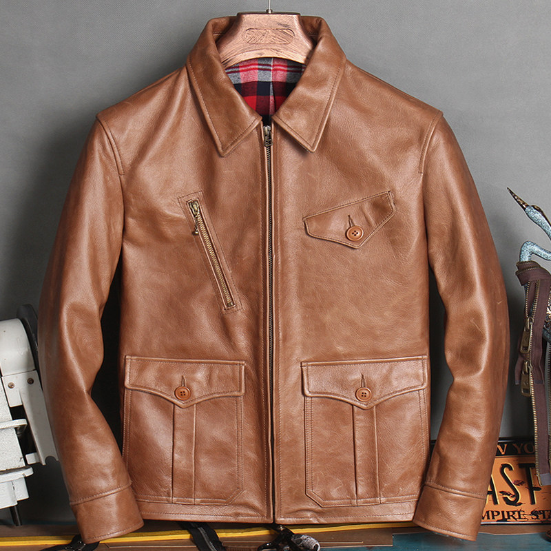 2020 New men's leather leather dress with an ancient head layer calf leather personality leather jacket re-collared body car jacket