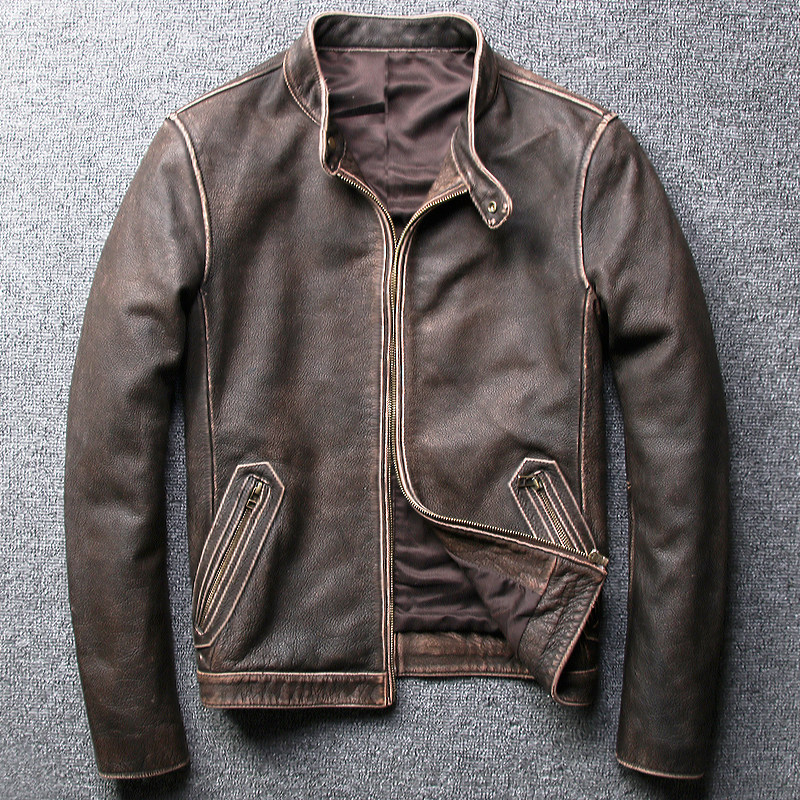 20 new leather leather men's simple slim collar top layer leather old Harley motorcycle clothing leather jacket top