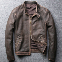 20 new leather leather leather mens simple slim body stand collar head cowhide made old Harley locomotive clothing leather jacket jacket