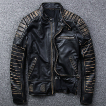 2021 new fashion locomotive leather leather leather men vintage wear trim head layer cowhide jacket stand collar single coat
