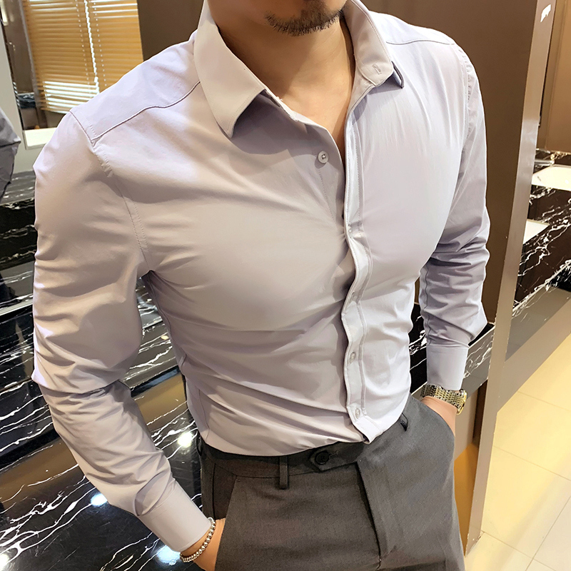 Mr. Hui's High-Elasticity Long-Sleeve Shirt for Men, Slim-Fit, Embroidered, Casual, Wrinkle-Free, Thin, Muscle-Fit Shirt, Fitness Trend Mr. Hui's High-Elasticity Long-Sleeve Shirt for Men, Slim-Fit, Embroidered, Casual, Wrinkle-Free, Thin, Muscle-Fit Shirt, Fitness Trend