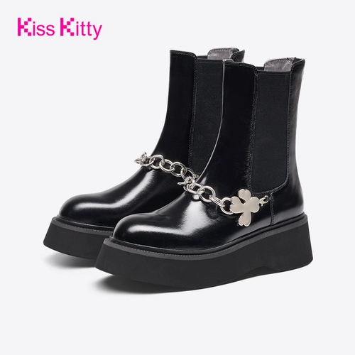 [Рекомендация Naiwan] KISS KIST KITTY SHORT BOOTS Женские весенние и осенние ботинки толстые нижние ботинки Chelsea Chain Chain Sigarette Boots