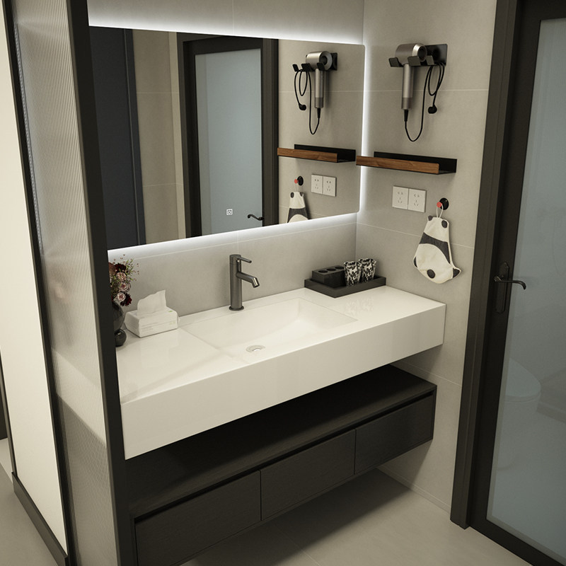 Black Bathroom Cabinet Set with Integrated Sink, Rock Slab Hot-Bent Integrated Basin, Washbasin Cabinet in Hotel Style