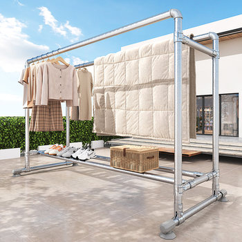 Steel Pipe Clothes Drying Rack for Home Use, Simple Floor-Standing Indoor Balcony Clothes Rod, Outdoor Thickened and Reinforced Multifunctional Clothes Drying Rack