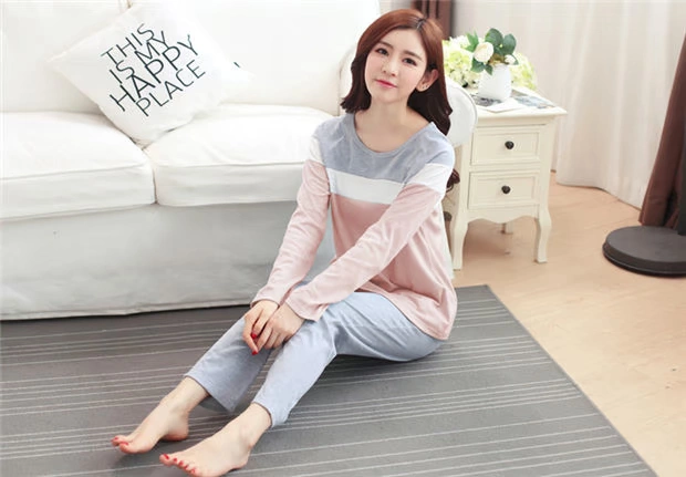 Bộ đồ ngủ dài tay cotton nữ mùa xuân và mùa thu Phiên bản Hàn Quốc có thể mặc bên ngoài phim hoạt hình thể thao XL phù hợp với dịch vụ gia đình mùa hè áo thể thao nữ