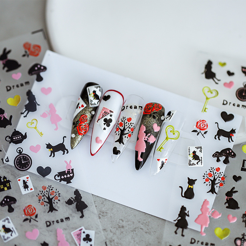 Alice in Wonderland Black Silhouette Stereo Relief Nail Stickers Nail Phone Laptop Decoration Stickers