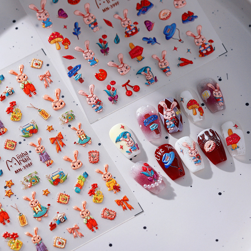 Artistic Retro Style Colorful Easter Bunny 3D Relief Nail Stickers Waterproof Nail and Phone Decoration Stickers
