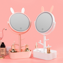 Makeup mirror desktop LED with light to fill the light desktop dormitory net celebrity beauty dressing small mirror rabbit cat ear tray