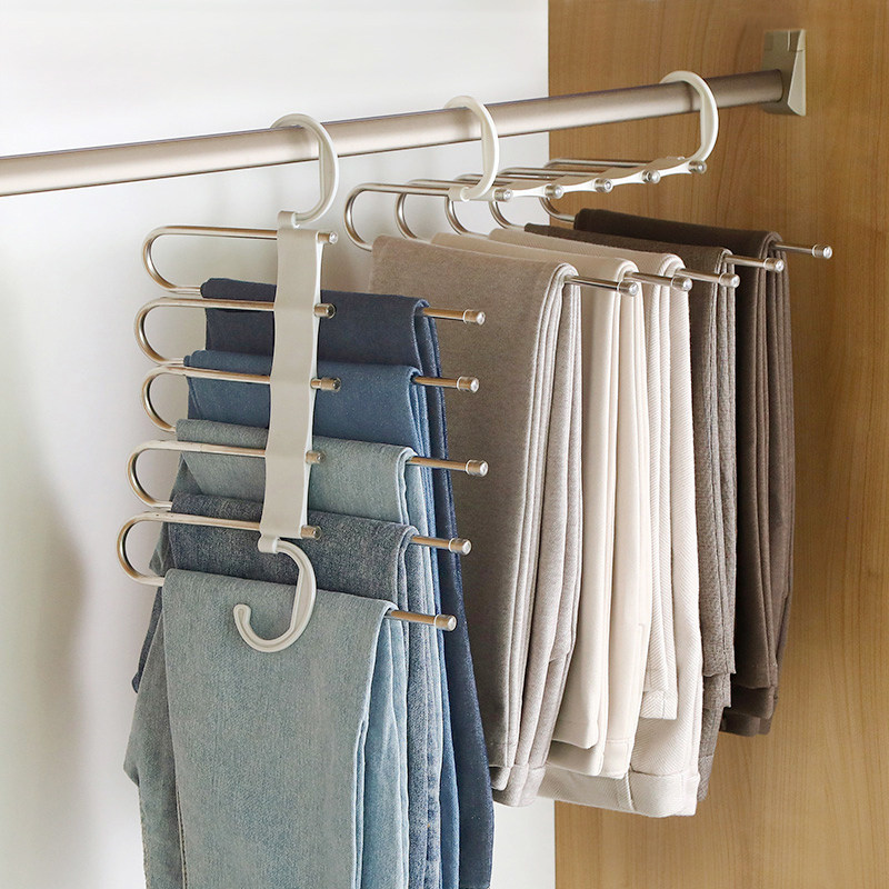 Multifunctional trouser rack telescopic magic hanger home folding mobile trouser clip wardrobe storage hanging pants rack artifact RS