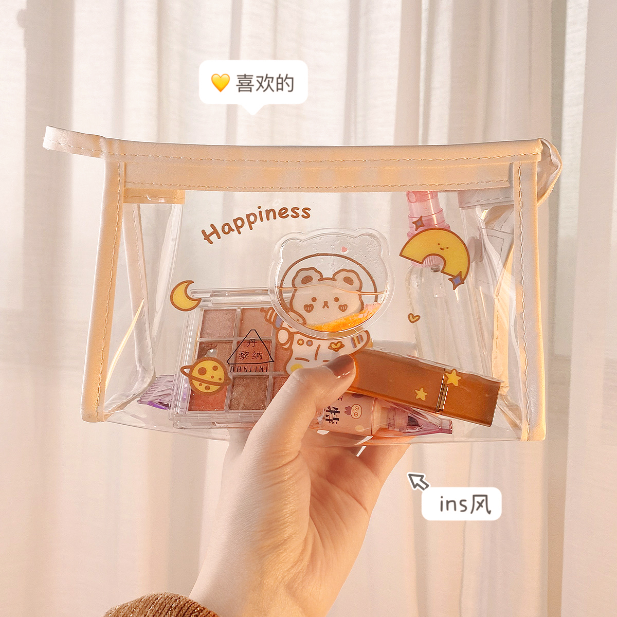 Creative Streaming Sand Pen Bag Makeup Bag Girl Heart Transparent Pvc Cashier Bag Ins Wind Large Capacity Stationery Containing Bag