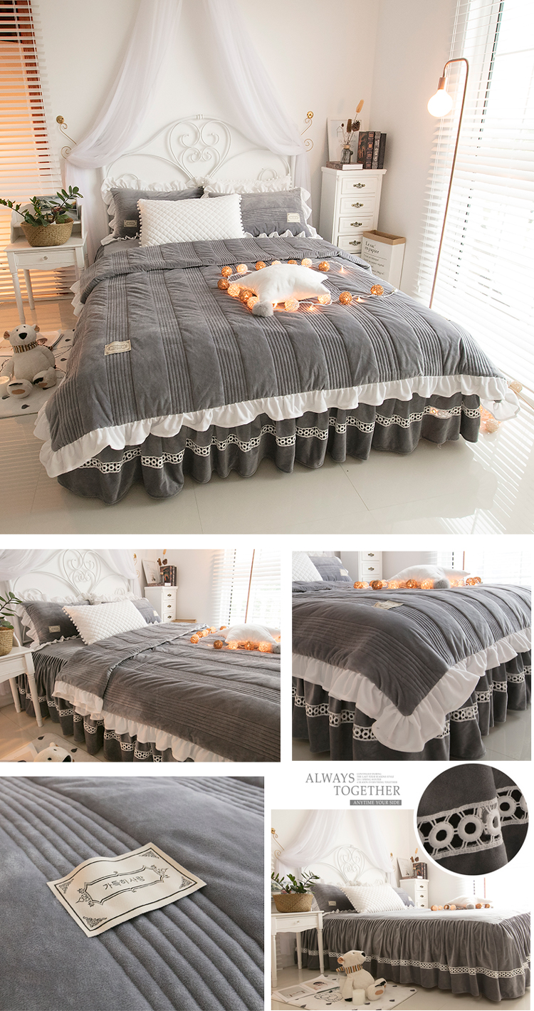 Mùa đông ấm áp dày giường nhung phong cách váy bedspread denim Hàn Quốc pha lê sang trọng ngắn quilt 1,8 m - Bộ đồ giường bốn mảnh bộ drap giường 1m6