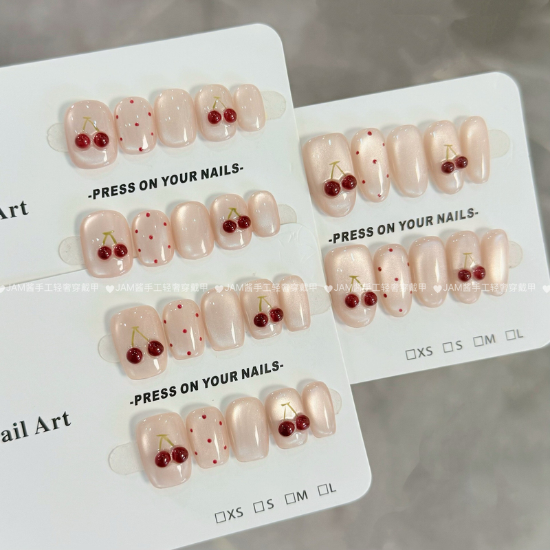 Sweet Cherry New Handmade Wearable Nails Short Cat Eye Nail Art 3D Cherry Cute High-End Nail Art