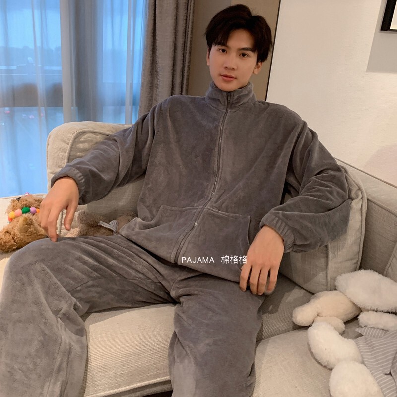 Coral Velvet Couple Pajamas for Men and Women, Autumn and Winter Zipper, Fleece-Lined, Thickened Flannel, Can Be Worn Outside, Home Wear Set