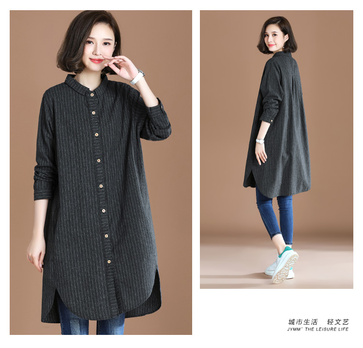 Tháng 9 Momo 2018 thu đông mới sơ mi nữ sọc và cotton kẻ sọc nữ dài Hàn Quốc áo sơ mi dài tay rộng rãi áo sơ mi uniqlo