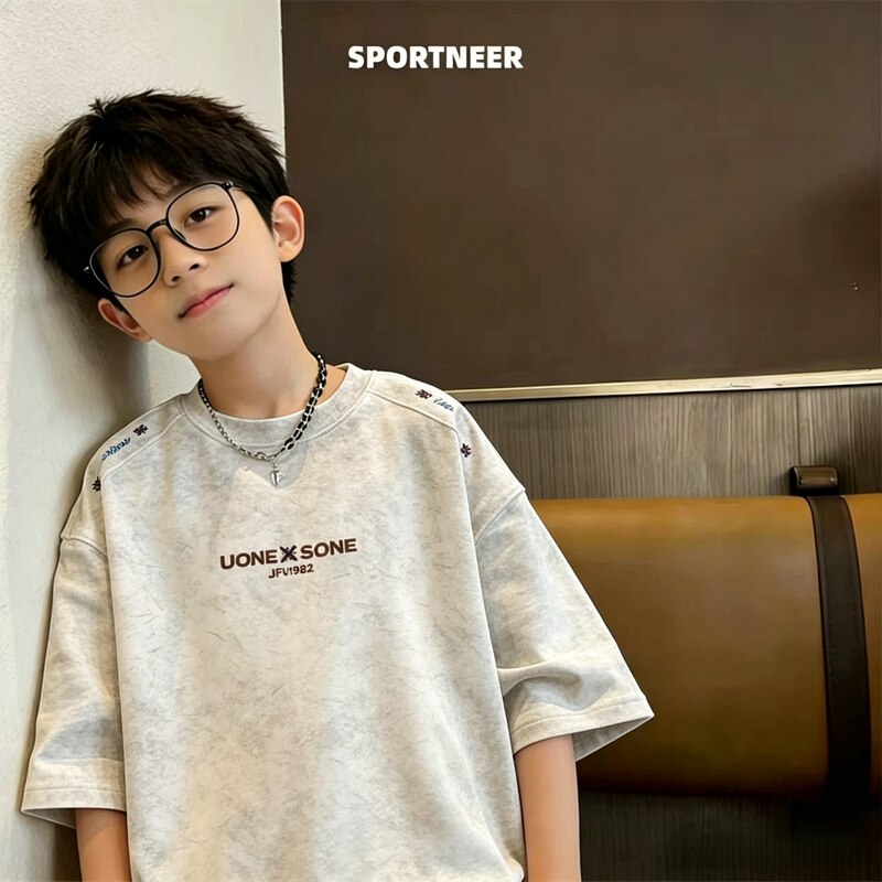 Boys and Girls Tie-Dye All-Over Embroidered Cotton Short-Sleeve T-Shirt Children's Half-Sleeve 2026 Summer New Style Medium and Large Children's Top T-Shirt Trendy