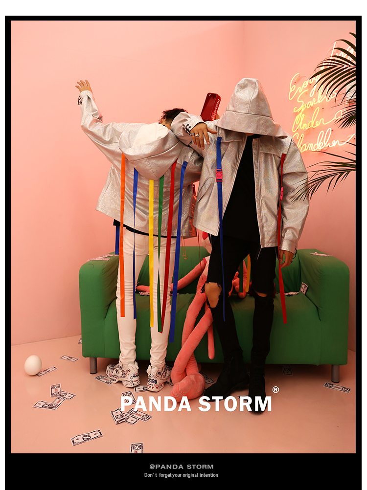 Panda bão PANDA STORM bạc ma thuật màu trùm đầu hip hop áo khoác da quốc gia triều vài nam giới và phụ nữ