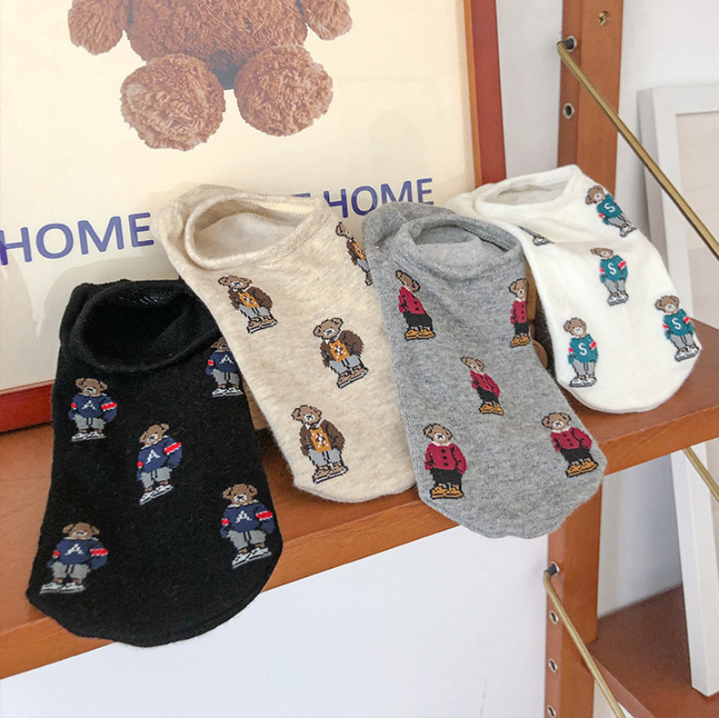 Summer Cute Little Bear Invisible Socks MEN AND WOMEN LOVERS SOCKS PURE COTTON CARTOON INVISIBLE SOCKS SILICA GEL ANTI-SLIPPING HEEL COTTON SOCKS
