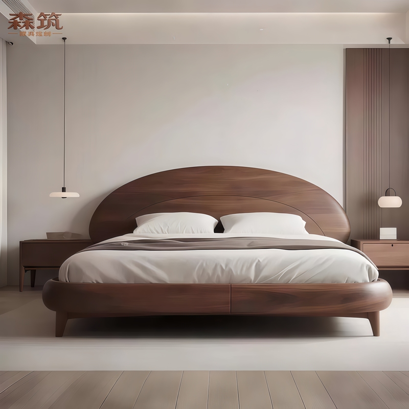 New Chinese-Style North American Black Walnut Bed, Song-Style Aesthetic Villa Master Bedroom Curved Double Bed, High-End Solid Wood Furniture Customization