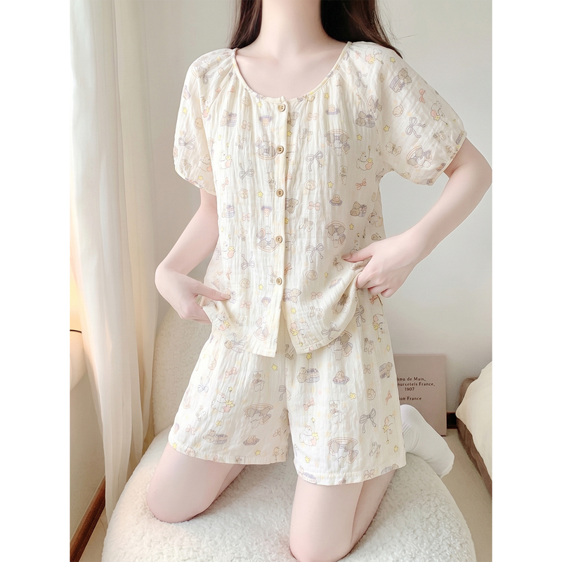 Japanese-Style Cute Collarless Pajamas for Women, Summer 2026 New Cloud Cotton Short-Sleeve Pants Set, Loungewear for Young Ladies Japanese-Style Cute Collarless Pajamas for Women, Summer 2026 New Cloud Cotton Short-Sleeve Pants Set, Loungewear for Young Ladies