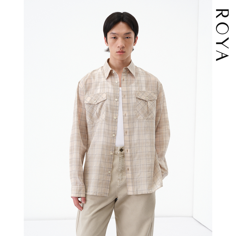Roya |   Mulberry Silk Cotton Blend Sun Protection Lightweight Breathable H-Shaped Cut Long-Sleeve Seamless Plaid Shirt Summer Style for Men
