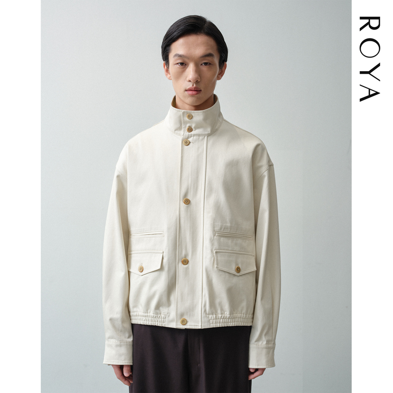 Roya丨Harrington Stand-Up Collar Jacket with Pocket Accordion Structure, Water-Repellent Twill Fabric, Boxy-Fit