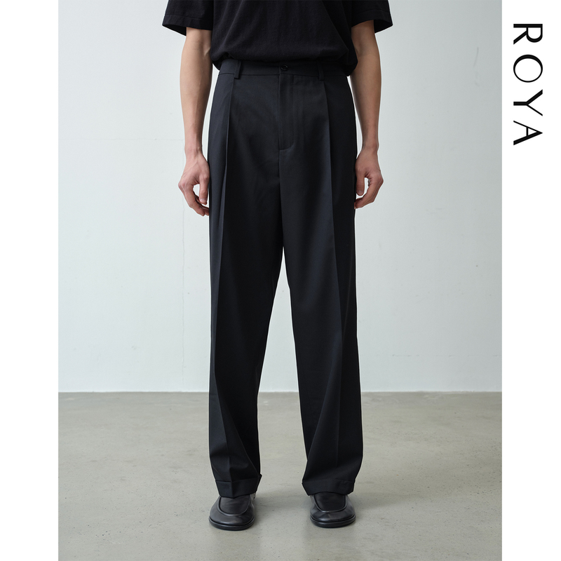 Roya丨Australian Merino Wool Blend Cuffed Dress Pants with Single Pleat Design, Straight-Leg, Slightly Wide, Machine Washable Wool Roya丨Australian Merino Wool Blend Cuffed Dress Pants with Single Pleat Design, Straight-Leg, Slightly Wide, Machine Washable Wool
