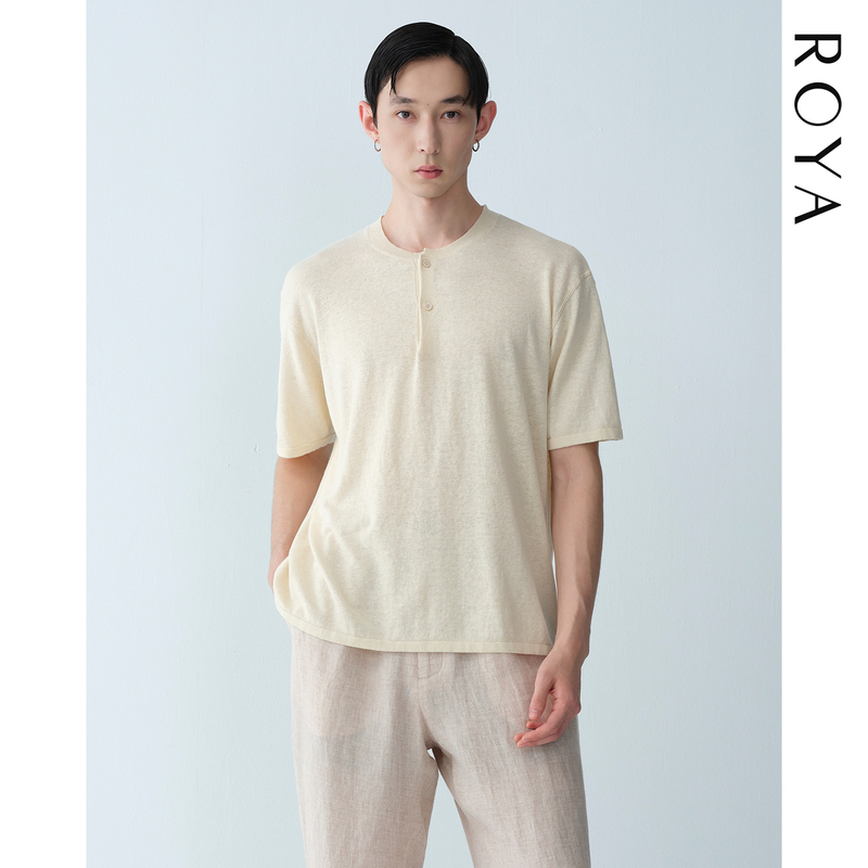 Roya丨Linen-Cotton Blend Knit Henry Collar Short-Sleeve Shirt, Imported Raw Yarn Long-Staple Cotton Blend, Southern French Vacation Vibe