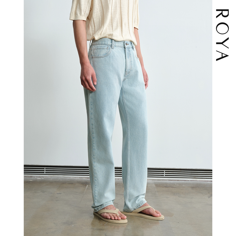 Roya |   Kanglong Cone Retro Light Blue Jeans Washed and Faded Light Blue Jeans Men's Spring Style