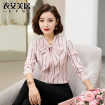 Long sleeve chiffon shirt womens fashion bow lace-up shirt white vertical stripe powder shirt business attire front desk work clothes