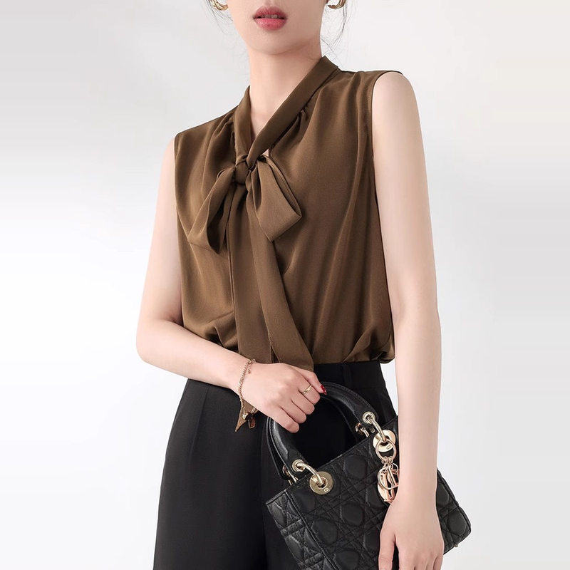 Brown Sleeveless Vest Shirt for Women, Summer Thin Style, Petite Base Shirt, Bow Tie Suit Inner Top