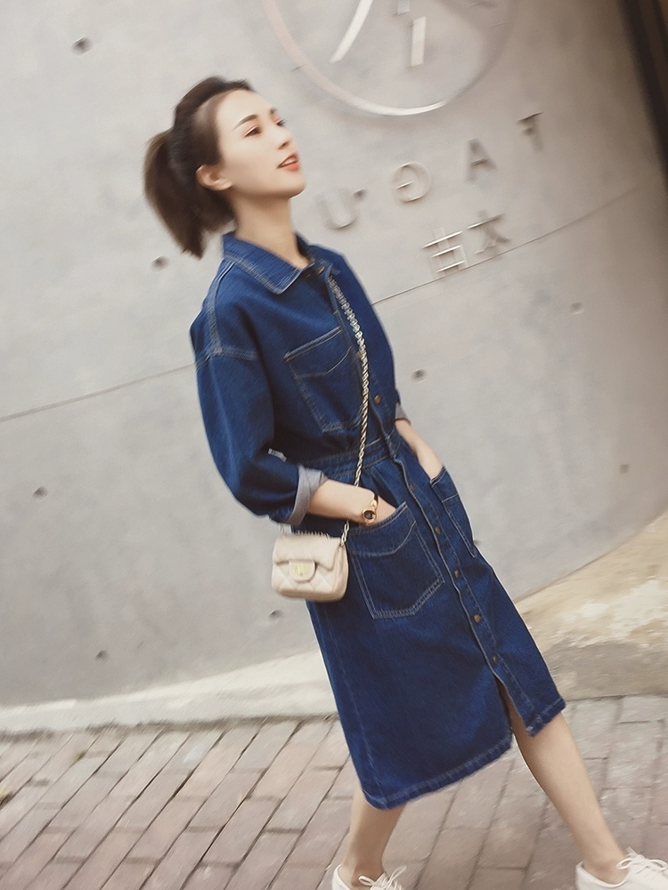 Mùa xuân mới lạnh cao giữa chiều dài lỏng lẻo denim nước ngoài nữ lưới màu đỏ khí chất trưởng thành mỏng váy thủy triều - Sản phẩm HOT