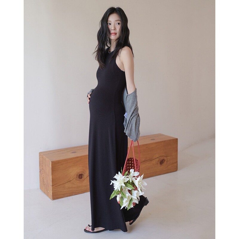 Maternity Vest Dress, Summer Slim-Fit Elegant Sleeveless Dress, A-Line Waist-Cinching Long Dress with Large Skirt and Built-In Bra