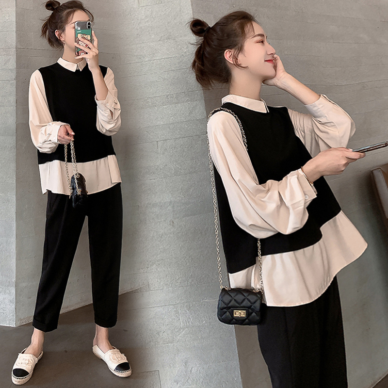 Pregnant women loose stitching shirt 2021 outside wear fashion formal puffy top Autumn maternity clothes Autumn and winter bottom blouse