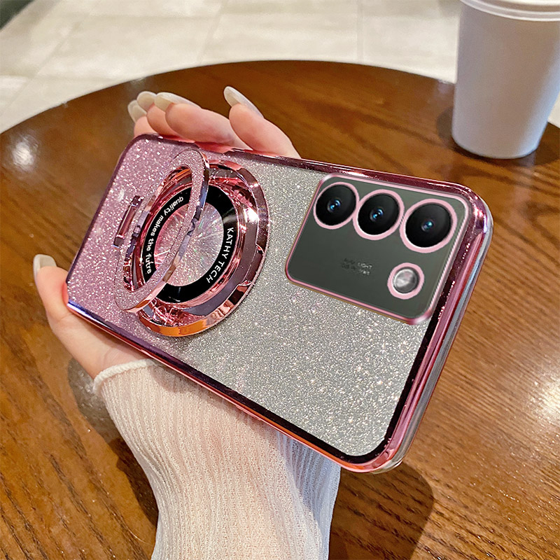 Suitable for Vivo Y100 5g Overseas Version Mobile Phone Case, Transparent Anti-Fall V2327 Full Edge Protective Cover, International Version, Personalized Creative Desktop Stand, Glitter Powder, New Model for Women