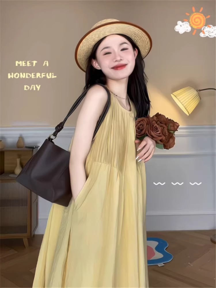 Yellow summer dress, long long skirt, french style, A-line