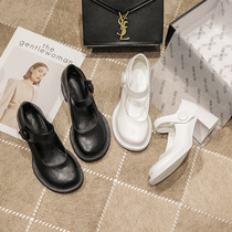 Ashikos the same big head shoes 2021 spring new middle heel rough heel retro Marie Jean round JK small leather shoes white