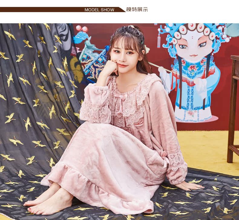 茜 Bộ đồ ngủ nhung san hô của phụ nữ mùa thu và mùa đông mới dày và ấm dài phần liền kề dịch vụ nhà flannel váy ngủ phụ nữ váy xuông phong cách