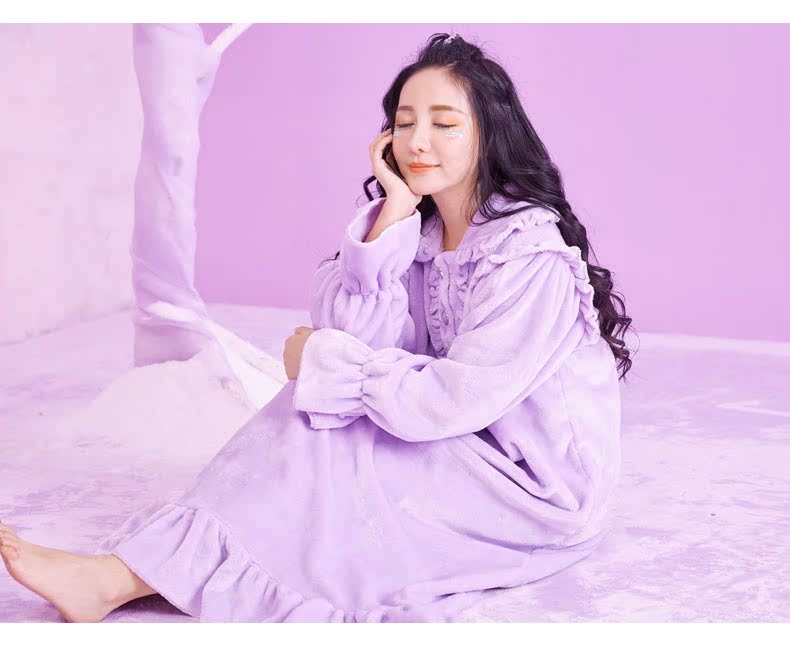 Coral nhung nightdress mùa thu nữ mùa đông dày flannel nightdress ve áo dài đồ ngủ nữ công chúa nhà dịch vụ vay mac nha dep