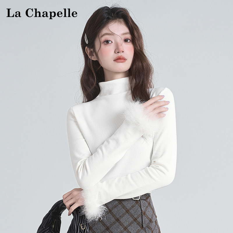 La Chapelle White Half-Turtleneck Long-Sleeve T-Shirt for Women, 2026 Autumn Season, with Furry Sleeves, Warm Base Layer Top