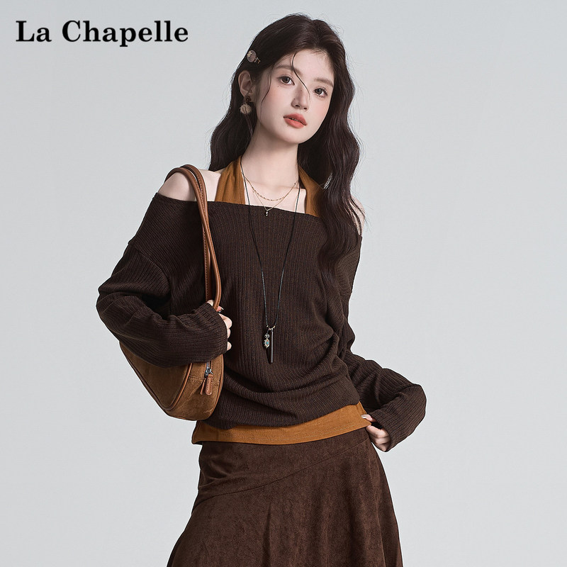 La Chapelle Coffee-Colored Faux Two-Piece Halter Neck Long-Sleeve Knit Top for Women, Autumn Off-Shoulder Base Shirt Trendy Top La Chapelle Coffee-Colored Faux Two-Piece Halter Neck Long-Sleeve Knit Top for Women, Autumn Off-Shoulder Base Shirt Trendy Top