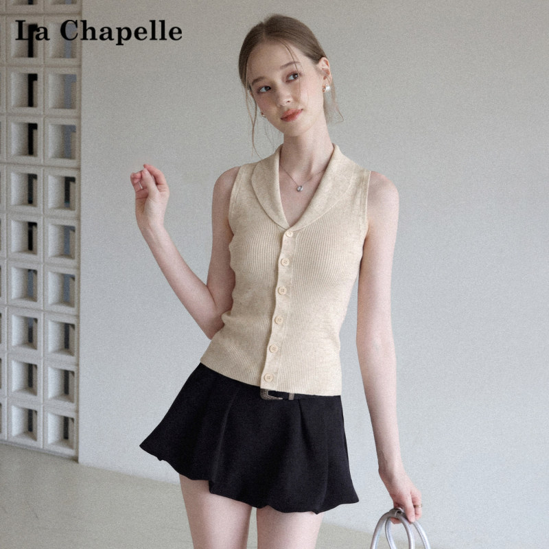 La Chapelle Apricot-Colored Korean-Style Knitted Lapel Vest for Women 2026 Summer Short Slim-Fit Sleeveless Top for Outerwear