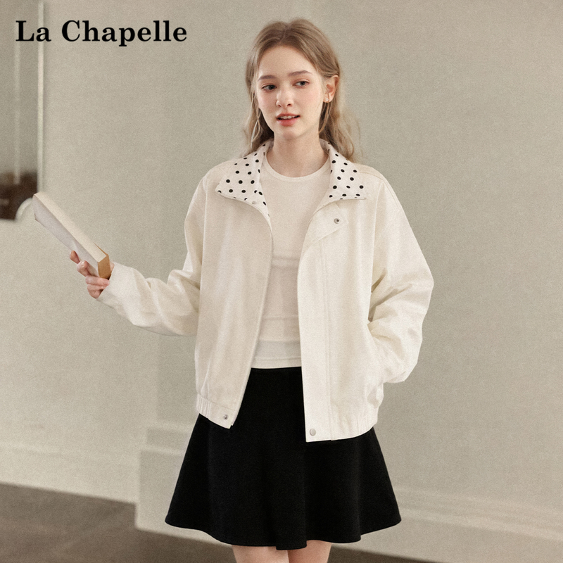 La Chapelle Design Polka Dot Lapel Jacket for Women 2026 Autumn White Loose Short Cardigan Top